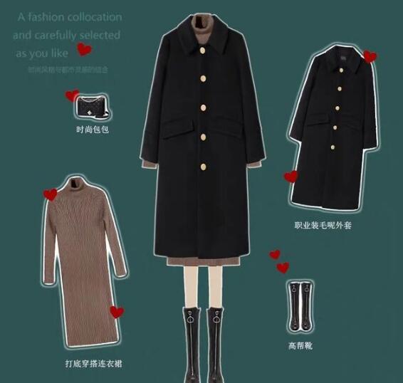 黑色V領單排扣毛呢大衣+卡其色長款針織連衣裙