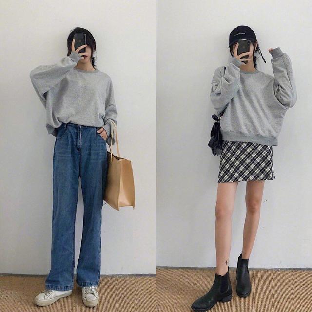 圓領寬松上衣 牛仔褲