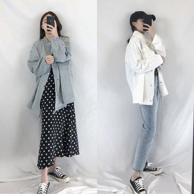 波點連衣裙 中長款休閑外套 帆布鞋