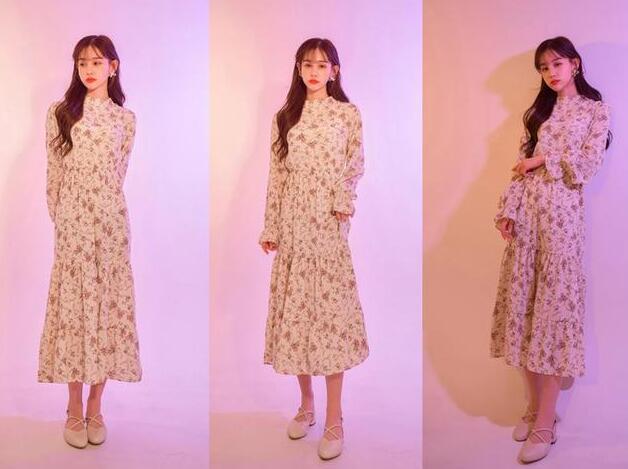 杏色瑪麗珍鞋 碎花連衣裙